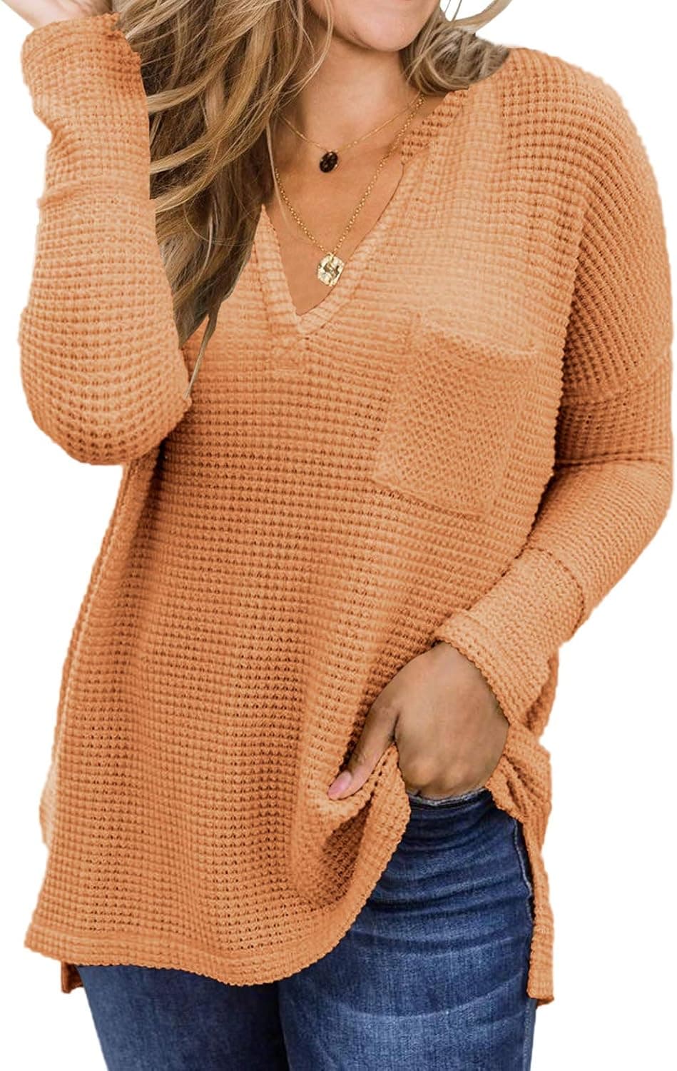 EFAN Women's Waffle Knit Fall Oversized Sweater V Neck Pullover Long Sleeve Loose Warm Shirt Tops with Pockets Orange