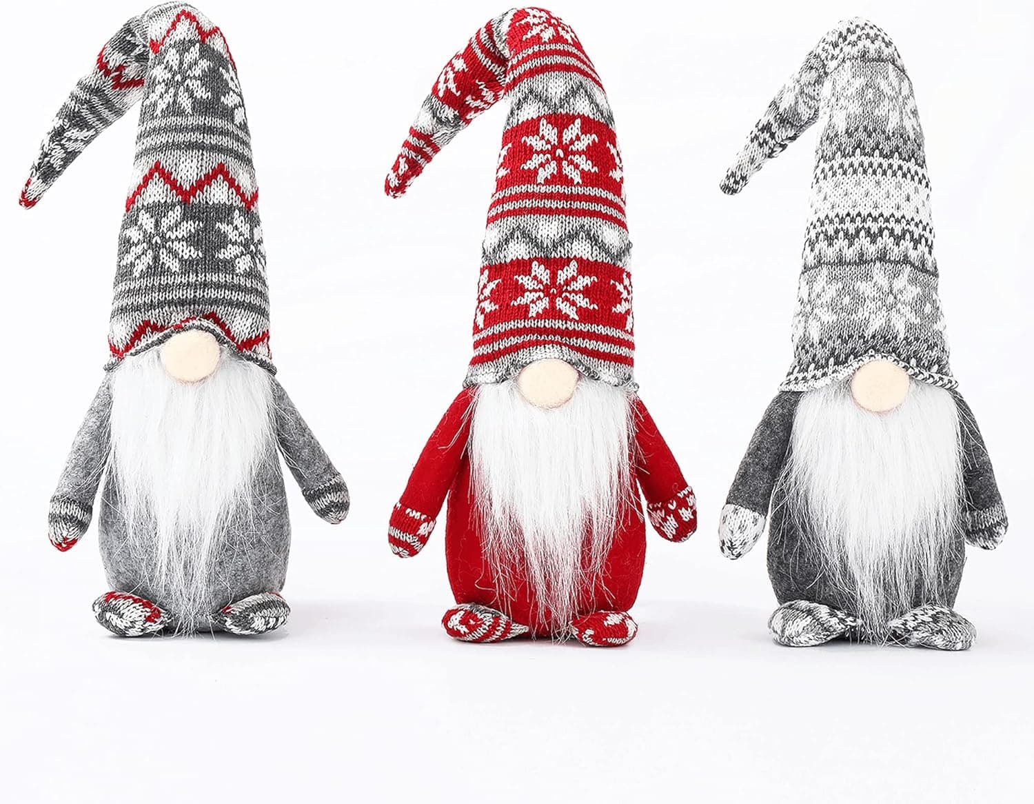 3PCS Christmas Gnomes Decorations Clearance, 16 inches Long Snowflake Hat Handmade Holiday Christmas Gnome Doll Plush Decor Set, Scandinavian Elf Swidish Tomte Oranments for Home (Red&Grey&White)
