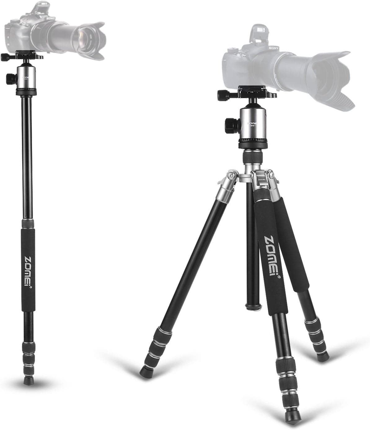 Zomei Z818 Professional Heavy Duty Compact Photo Camera Tripod 65 Inch 4 Section Stable Aluminum Tripod Legs Monopod 360 Degree Fluid Rotation Ballhead for Digital Cameras Nikon Canon Video(Silver)