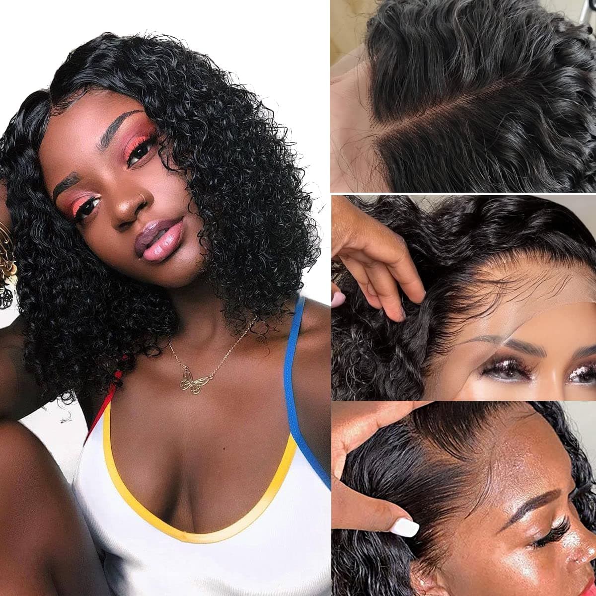 Curly Lace Front Wigs Human Hair 12 Inch Deep wave Lace Front Wigs Human Hair 13x4 HD Lace Closure Wigs For Black Women 180% Density Human Hair Pre Plucked with Baby Hair Natural Black（12 inch Deep Wave Wig with Five gifts）
