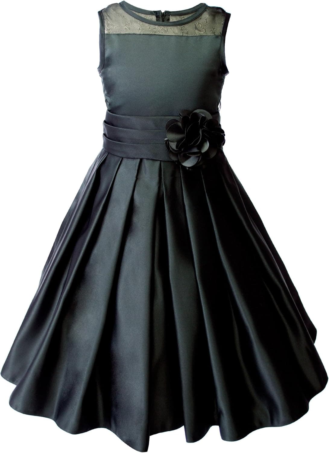 Spring Notion Big Girls Sheer Neckline Satin Tea Length Flower Girl Dress
