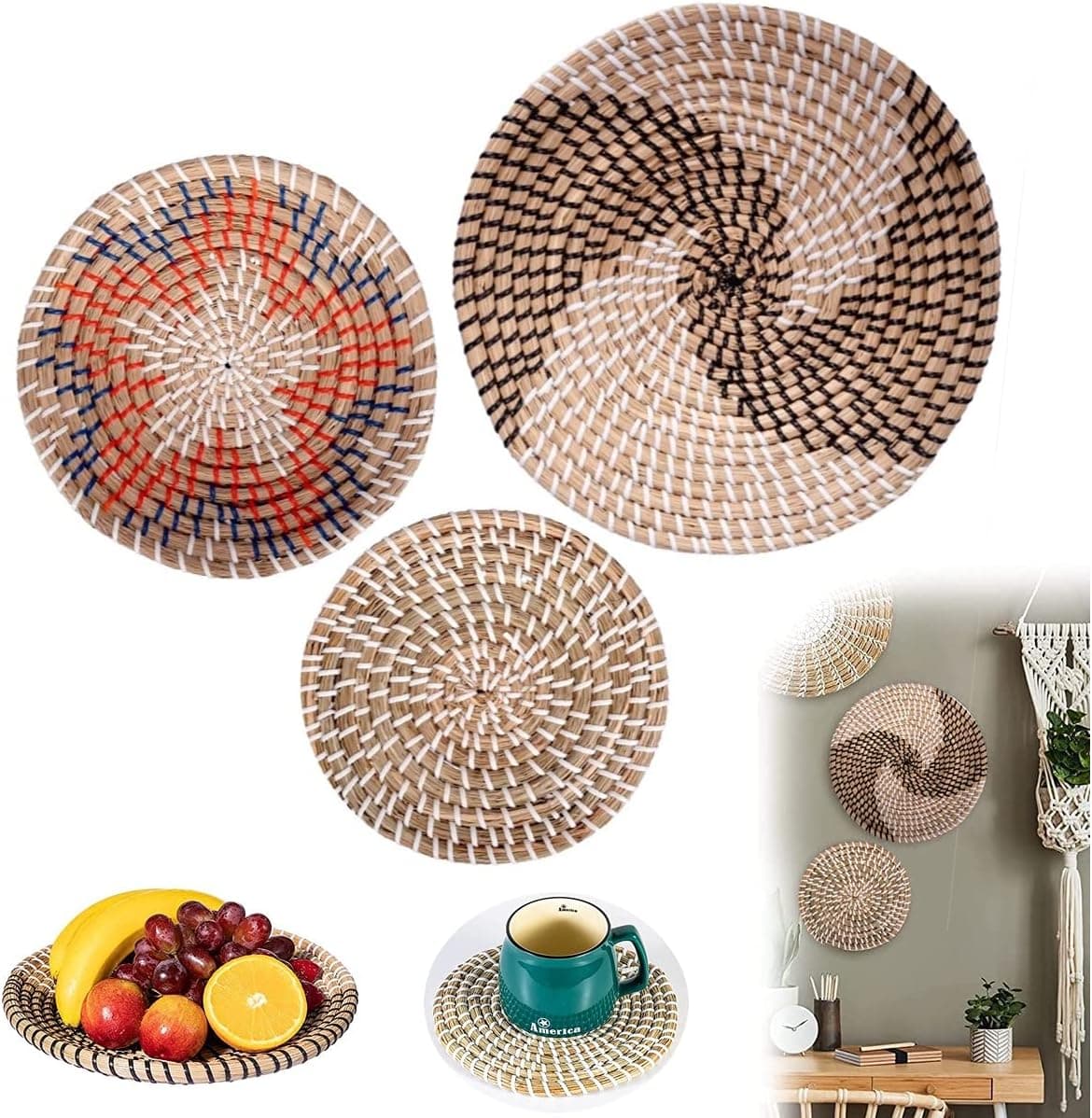Desenla Boho Wall Decor Woven Bowls Set, Handmade Seagrass Boho Baskets, for Dining room, Bedroom, Living Room, Garden or Hallway etc, Set of 3 Boho Decor