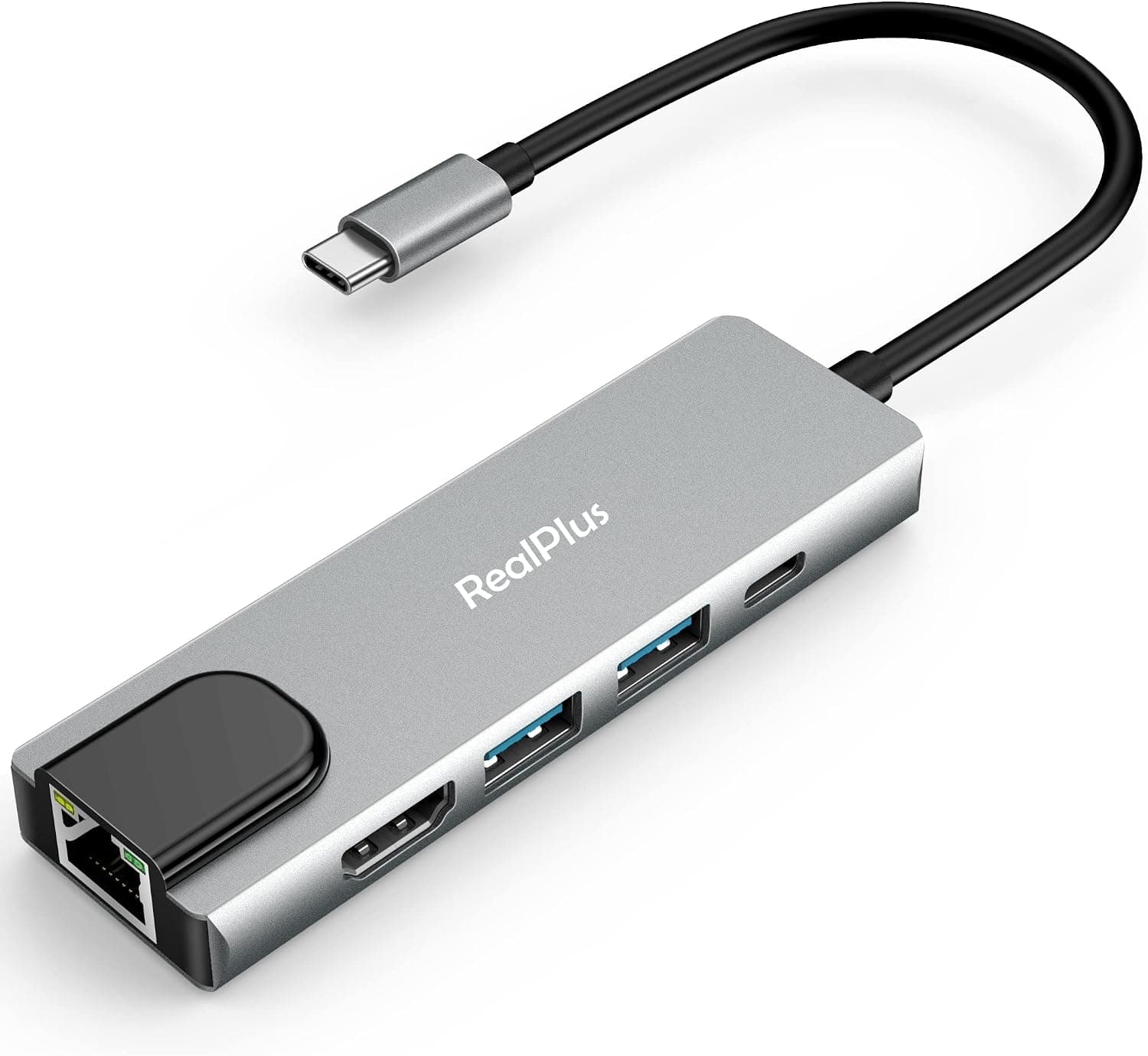 USB C Hub, RealPlus 5 in 1 Type C Multiport Adapter with 100M Ethernet Port, 4K@30Hz HDMI Port, 2 USB Ports and 87W Power Delivery Port for MacBook Pro, Chromebook, Pad, and USB C Devices