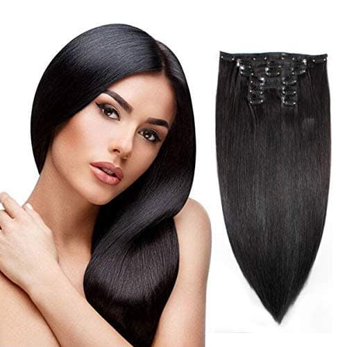 Urbest Hair Clip on Human Hair Extensions Brazilian Virgin Hair Clip In Hair Extensions 14" Human Hair Double Weft 100% Remy Hair Grade 10A 7Pieces/Set 80g 16Clips (14"-80g,Natural Black #1B)