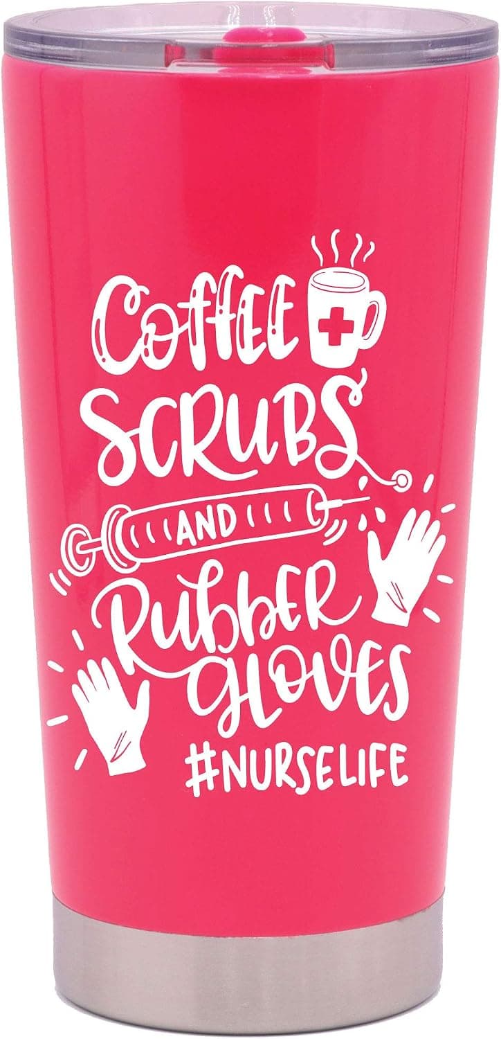 MugHeads Coffee Scrubs and Rubber Gloves Tumbler - L&D Nurse Gifts for Women - RN Gifts for Nurses Graduation - Nurse Accessories for Work - 20oz Vacuum Insulated Stainless Mug with Lid (Pink)