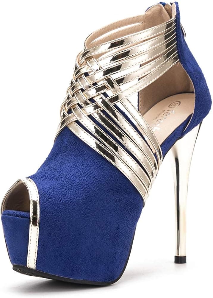 fereshte Women's Peep-Toe Platform Stiletto High Heels Dress Sandals Gold/Suede Royal Blue Label Size 43-265mm - US 10