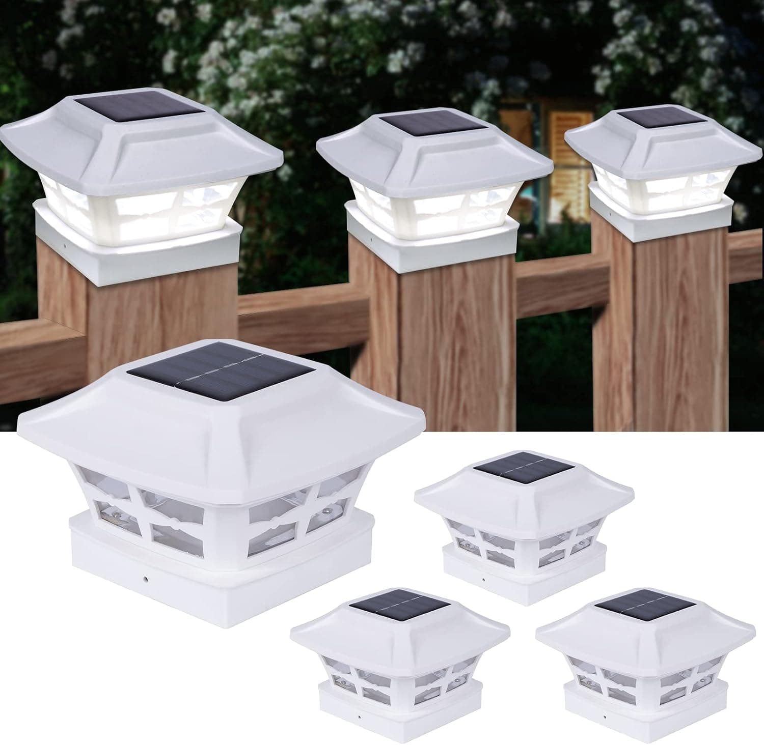GOESWELL Solar Post Lights, Deck Post Solar Lights, Fence Post Lights Solar Powered, Waterproof Solar Post Cap Lights for 4 x 4 Wood PVC Vinyl Post,Warm White&Cool White Lighting(4 Pack,White)