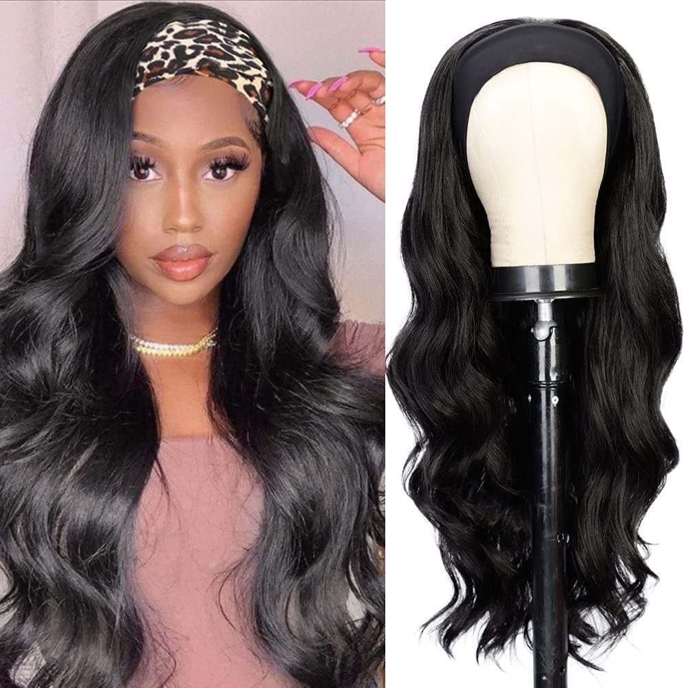ANNELBEL Wavy Headband Wig Body Wave Long Black Synthetic Wig for Black Women Glueless 180% Density No Glue Wig Headband Connection Heat-resistant Synthetic Hair Natural Black 24 inches