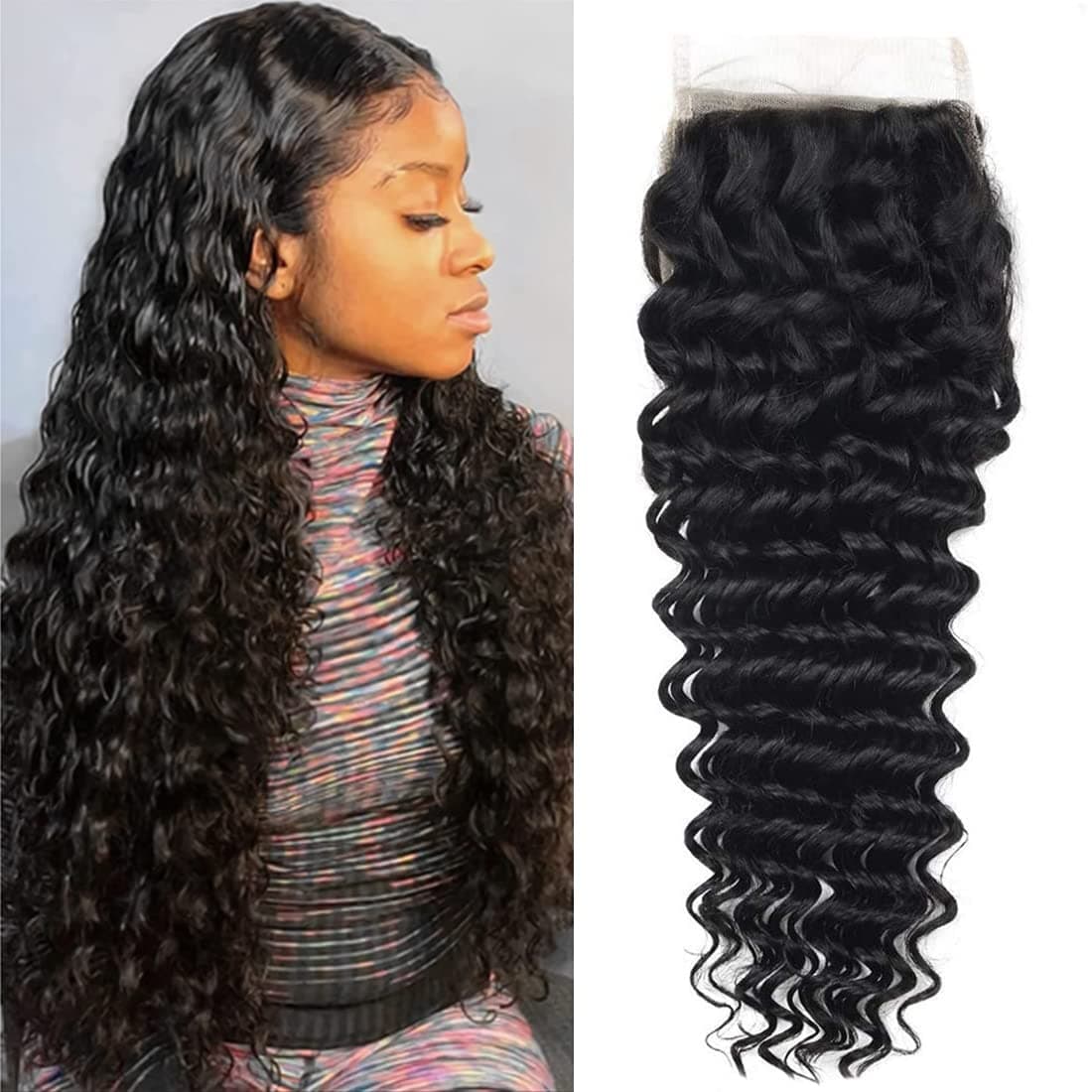BLACKMOON HAIR 4"×4" Free Part Lace Closure Deep Wave 150% Density Unprocessed Virgin Brazilian Virgin Human Hair Top Lace Closure 8 Inch