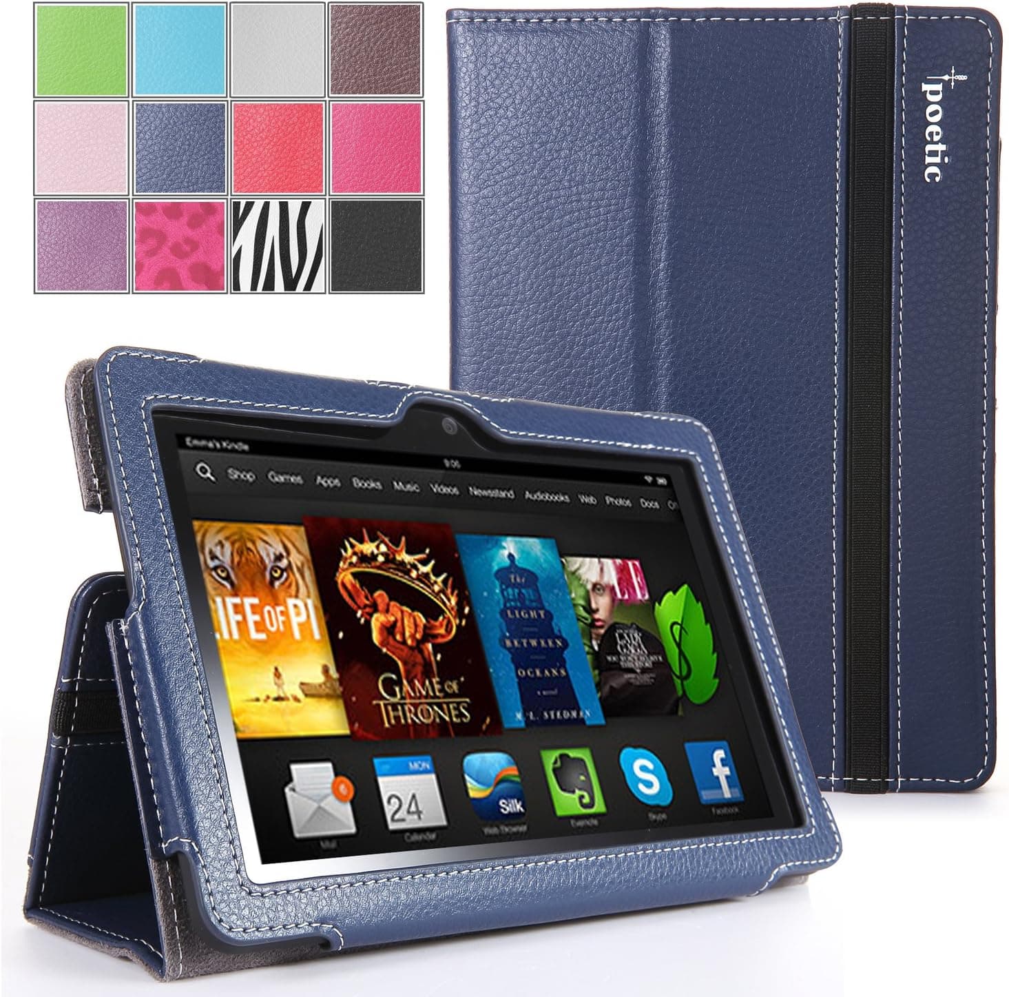 Kindle Fire HDX 7 Case - Poetic Kindle Fire HDX 7 Case [SlimBook Series] - [SlimFit] [Professional] PU Leather Slim Folio Case for Amazon Kindle Fire HDX 7 (2013) Navy Blue (3 Year Manufacturer Warranty From Poetic)