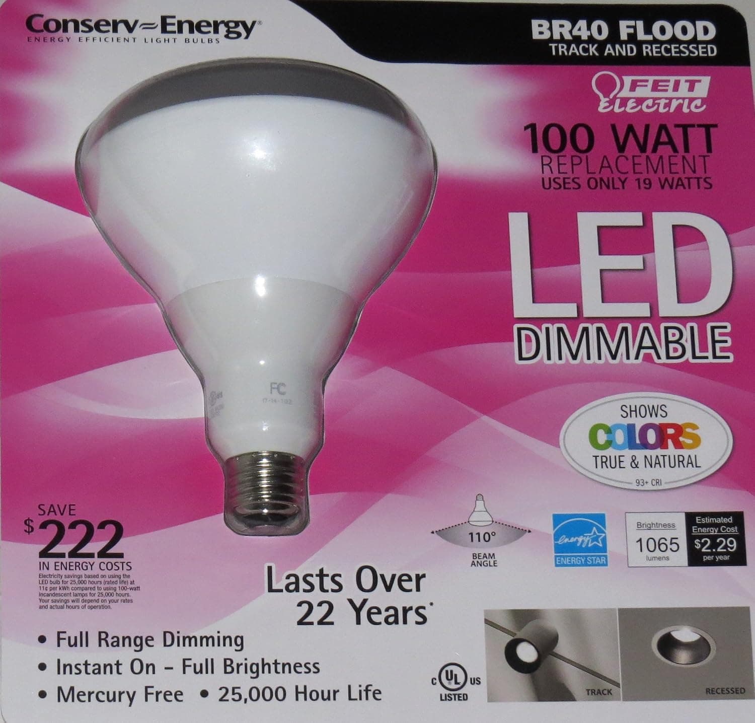 Feit Electric Conserv-Energy Dimmable BR40 LED 19 Watt Flood Light Bulb - 100 Watt Equivalent Replacement
