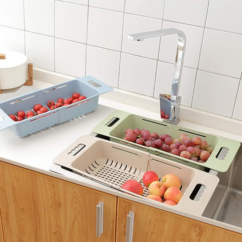 Folding colander Extensible Dish-drainer Plates Fruit Vegetables Storage basket Kitchen food-grade spoon with extensible screensaver Folding colander(Green)