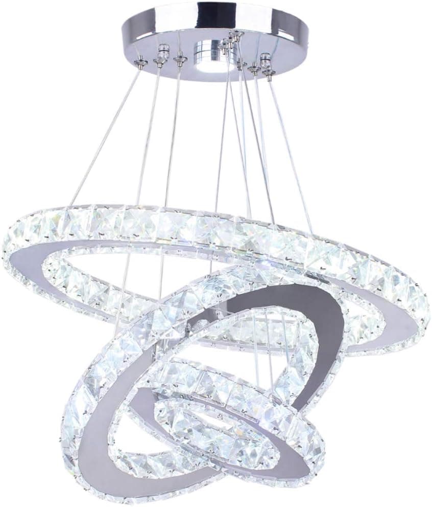 Winretro Modern LED Crystal Chandelier Light Fixtures 3 Ring Round Pendant Lighting Chandeliers Stainless Steel Ceiling Lamp Hanging Lights for Living Room Dining Room Bedroom Kitchen (Cold White)