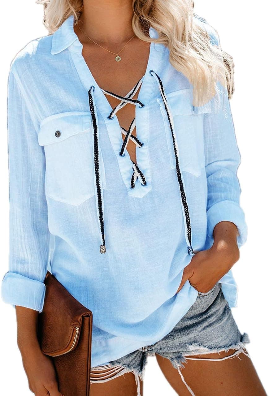 Paintcolors Women's Lace-Up V Neck Shirts Cotton Roll-Up Sleeve Solid Color Blouse Tunics Tops with Pockets