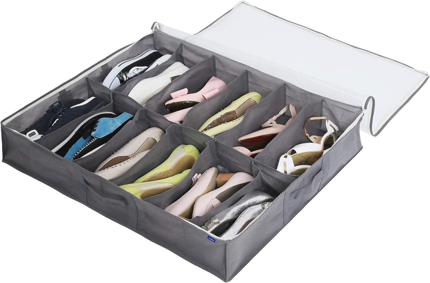 Surblue Under Bed Shoe Storage Organizer Underbed Shoes Closet Storage Solution 2 Metal zippers and 3 Handles with Clear Cover for Men's and Women's Shoes Fits 12 Pairs of Shoes， Set of 1, Grey