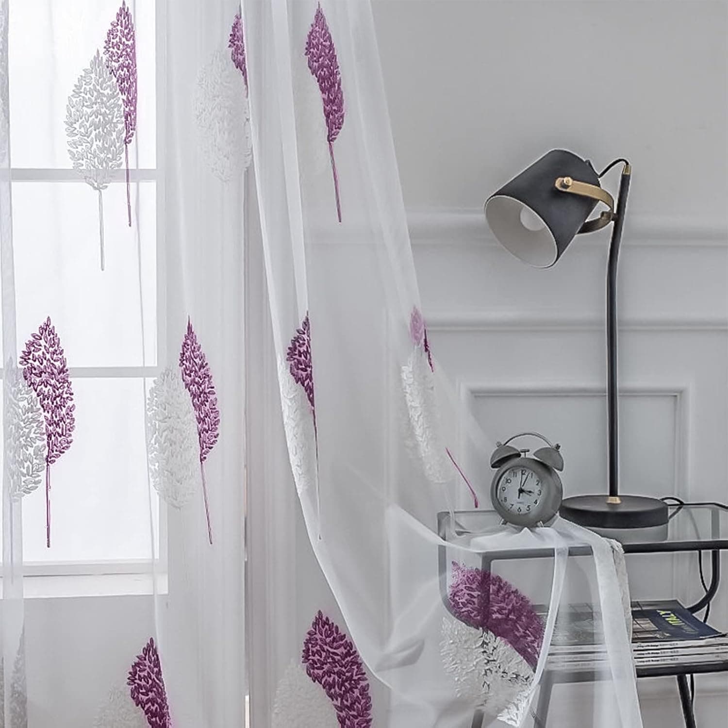 MRTREES Sheer Curtain Panels Purple Bedroom Livingroom Bathroom- Home Decoration Leaves Print Embroidery Voile Panels with Ring Top (2-Pack, 54 inch Wide x 84 inch Long,Purple)