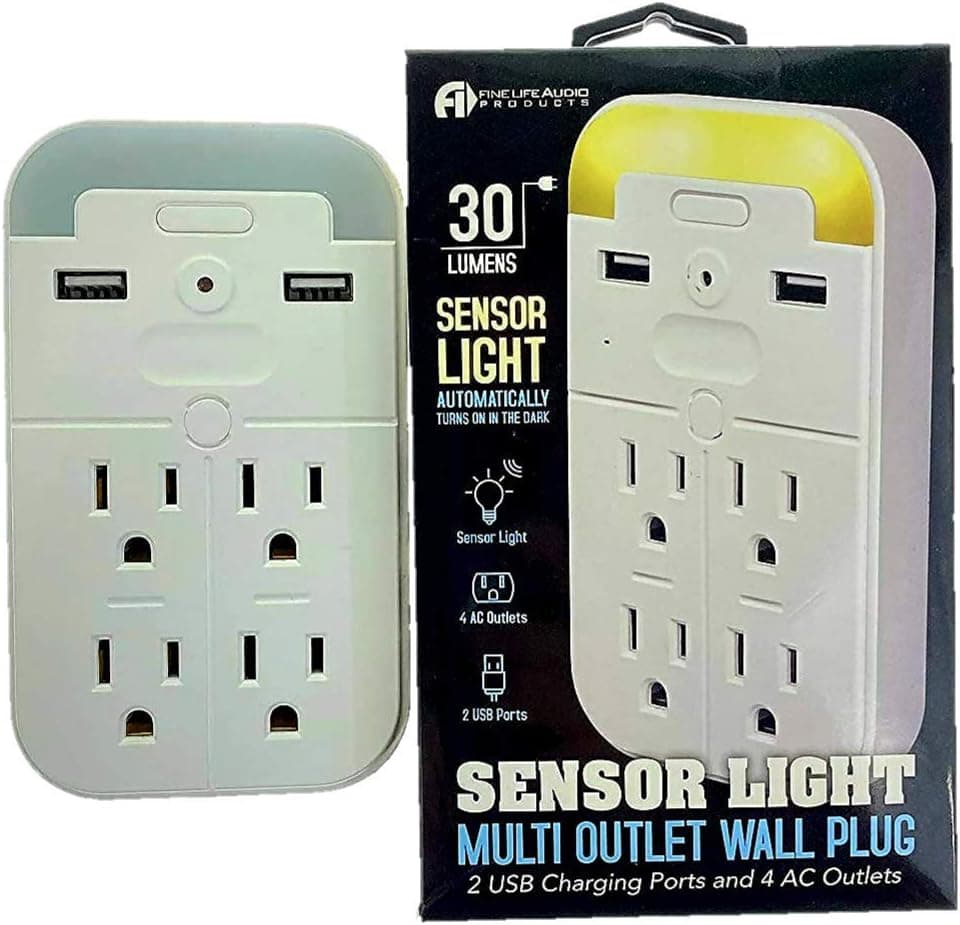 Multi-Plug Outlet Wall Plug - 2 USB Charging Ports and 4 AC Outlets - 30 Lumens Sensor light