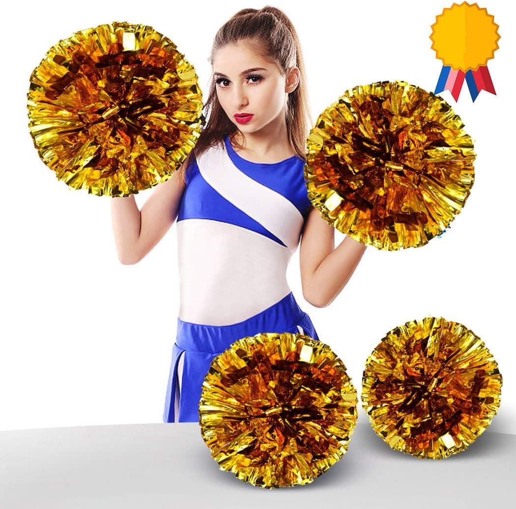 ANALAN 21 Colors Pack of 2 Foil Plastic Metallic Cheerleading Pom Poms for Cheer Sport Kids Adults（Gold）