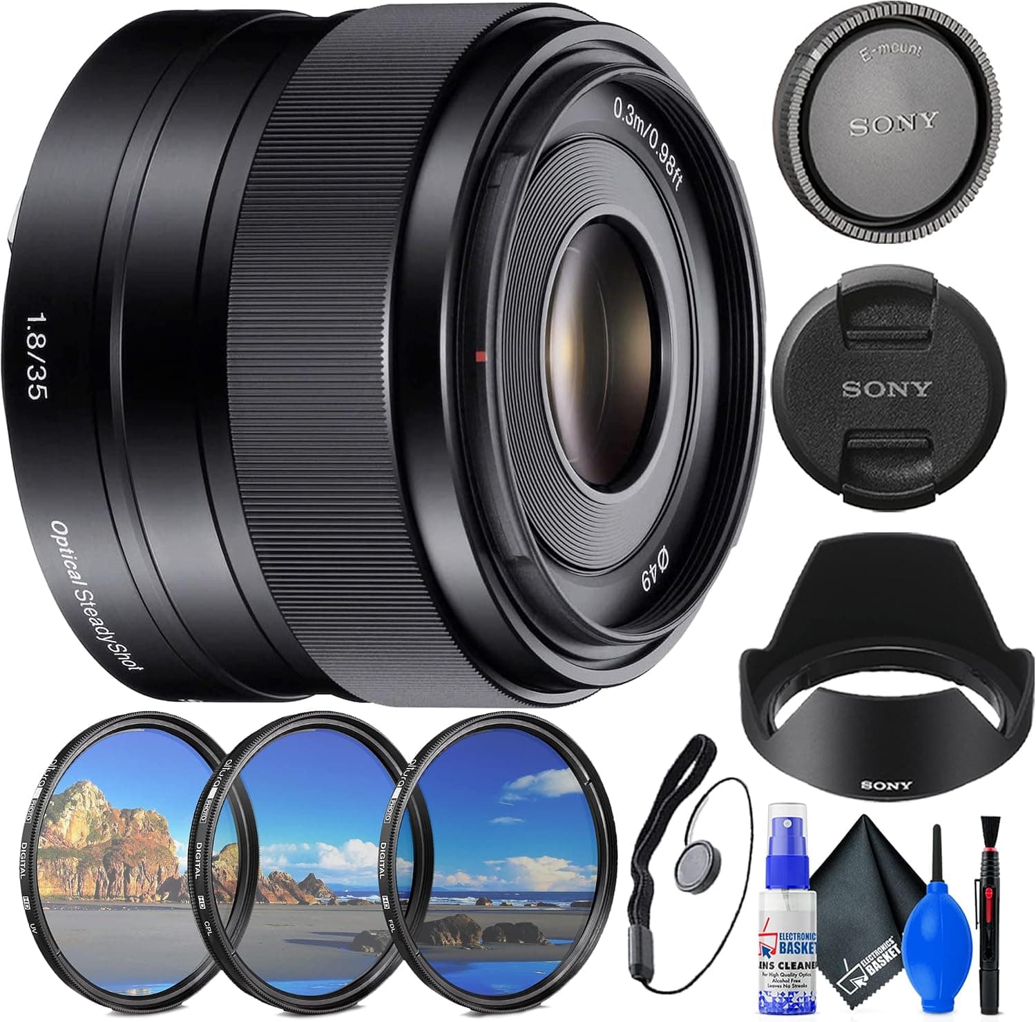 Sony E 35mm f/1.8 OSS Lens (SEL35F18) + Filter Kit + Lens Cap Keeper + Cleaning Kit + More (Renewed)