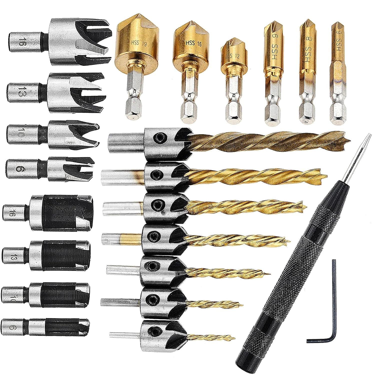 23Pcs Drill Bit Set for Woodworking,including 6Pcs 1/4" Hex Shank Countersink Drill Bits(6mm-19mm) ,8Pcs Wood Plug Cutter Drill Bits(6mm-16mm),7Pcs Countersink Drill Bits(3mm-10mm) and a Automatic Center Punch.