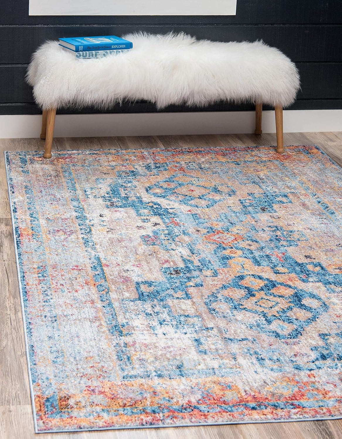 Unique Loom Basilica Collection Traditional Vintage Bohemian Inspired with Colorful Design Area Rug, 4 ft x 6 ft, Blue/Beige