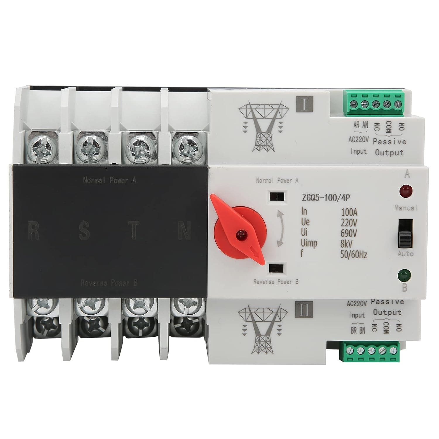 Wisoqu Dual Power Automatic Transfer Switch,ZGQ5-1004P 220V 100A Power Transfer Switch,Anti‑Aging, Safe and Reliable