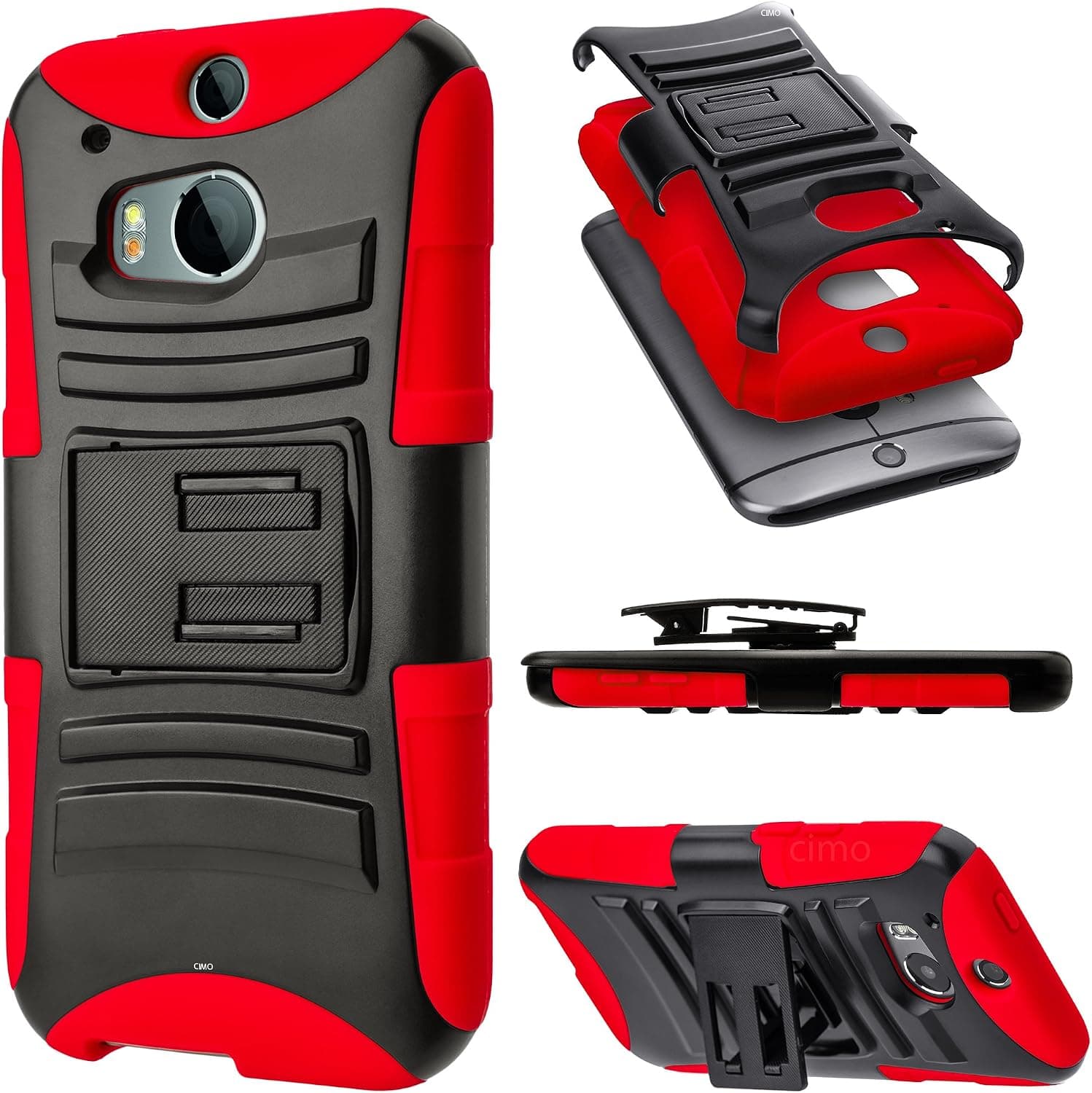 Cimo [HEAVY DUTY] HTC One M8 Case [ARMORGUARD] Premium Dual Layer Protection Cover with Kickstand and Locking Belt Swivel Clip for The All New HTC One / HTC One 2 / HTC One 2014 (2014) - Red