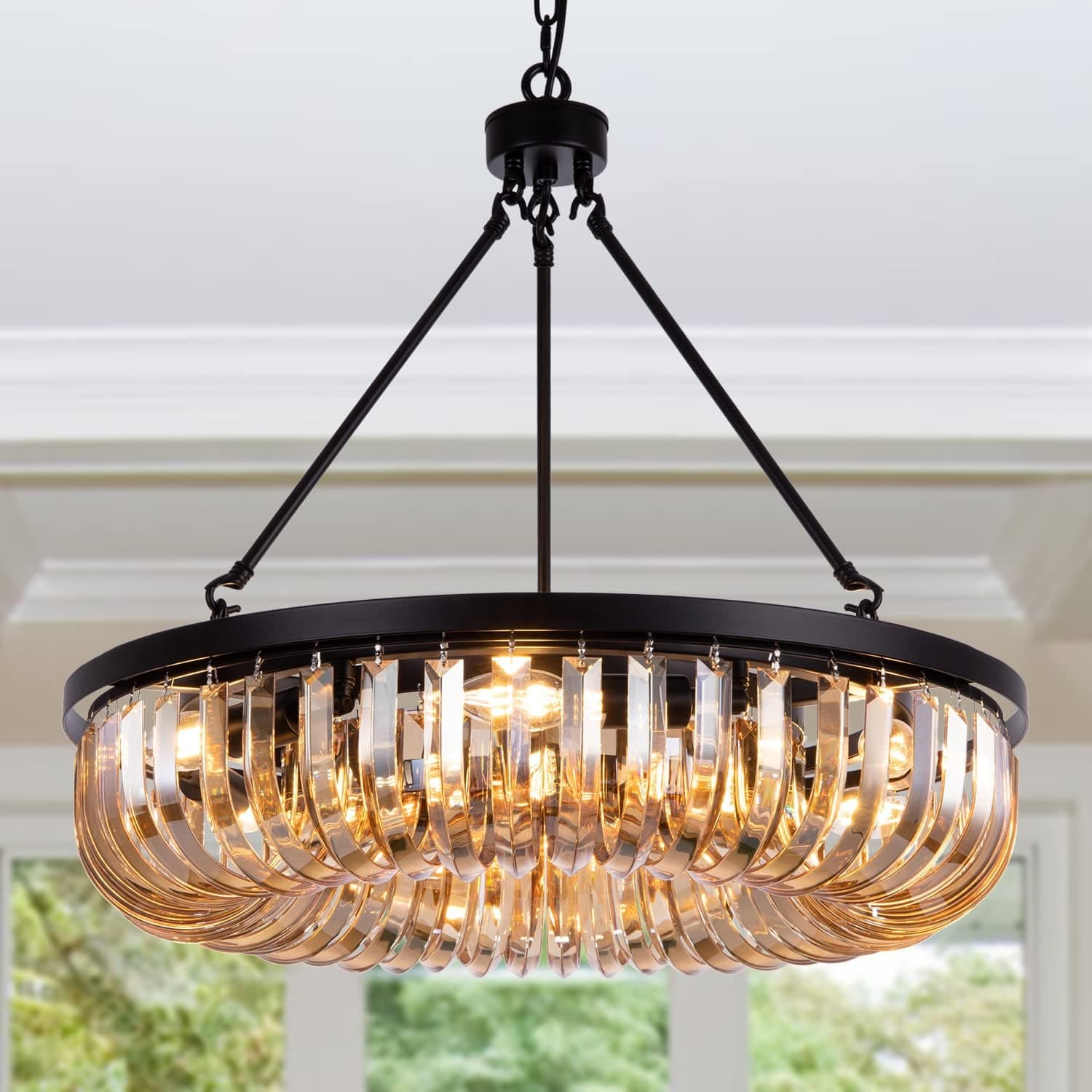 Wellmet Modern Crystal Chandelier for Dining Room 24", Round Black Crystal Chandelier, 6 Light Contemporary Glass Light Fixture for Kitchen Island, Hallway, Closet, Bedroom, Living Room, Dining Room