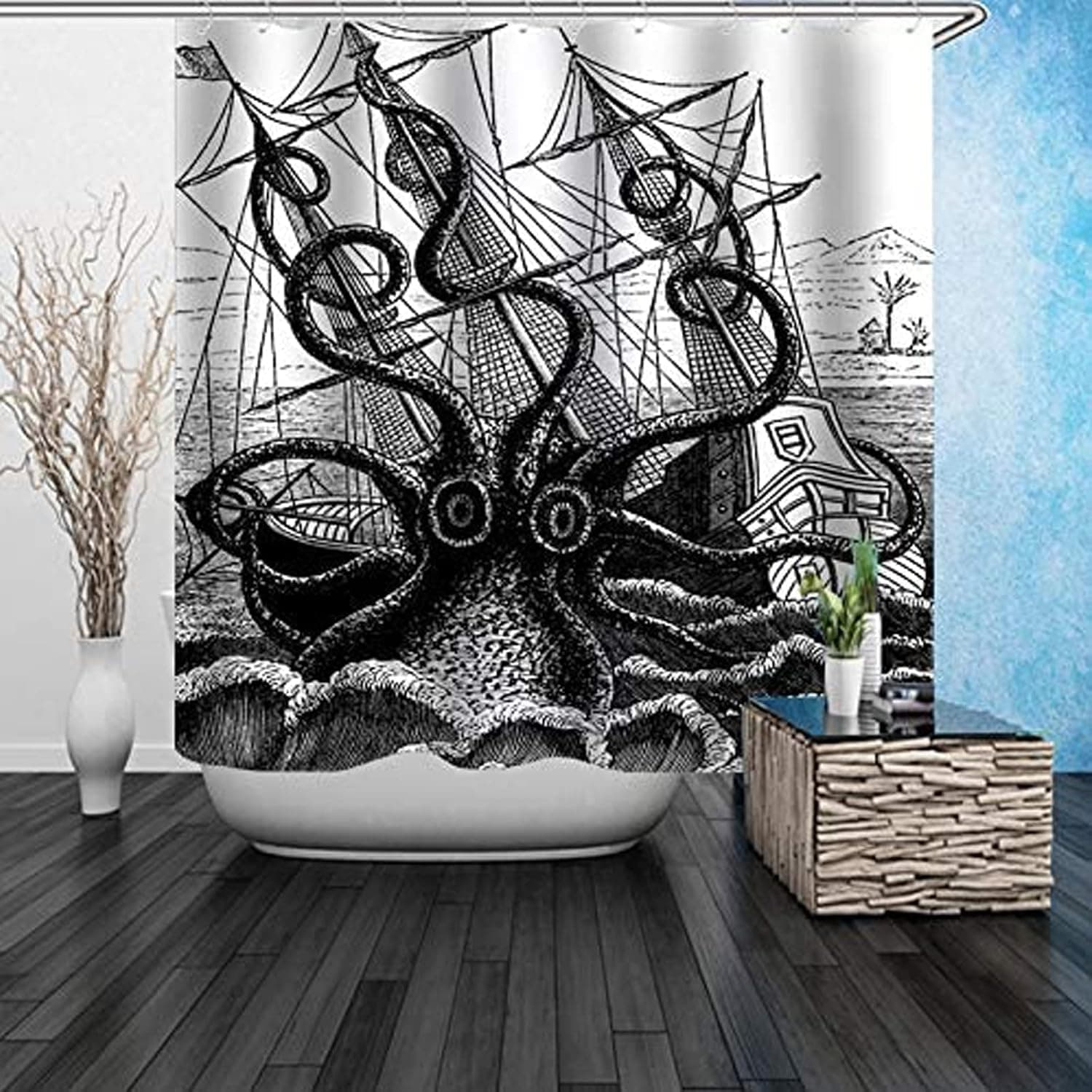 Youdepot Shower Curtain Sail Boat Waves Octopus Old Look Home Textile European Style Bathroom Decoration Decor Peculiar Design Hand Drawing Effect Fabric Shower Curtains with 12 Hooks