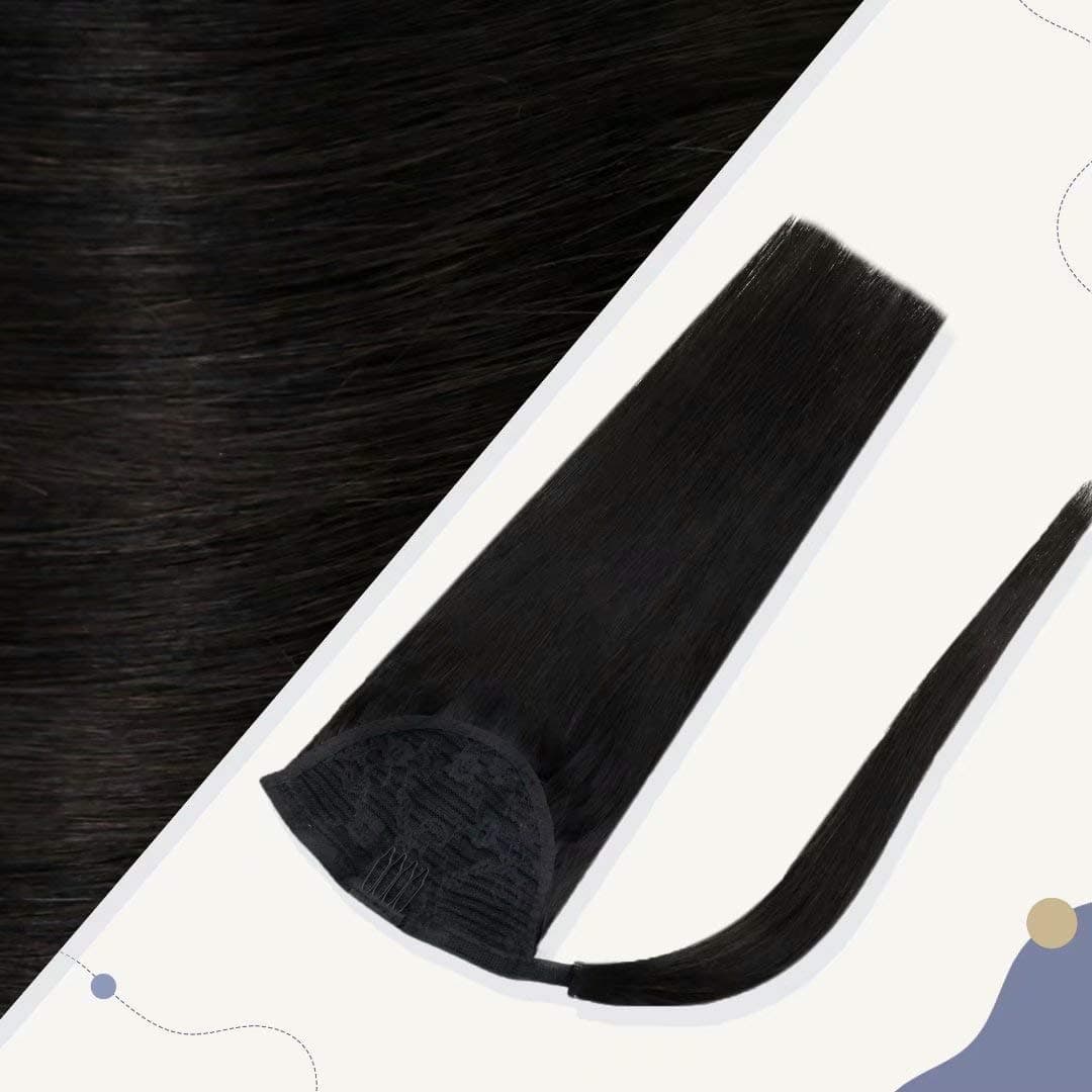 Black Ponytail Extension Human Hair Wrap Around Pony Tail Hair Piece for Women 12inch Color #1B Off Black Straight Remy Clip in Ponytail Extension Real Brazilian Hair 70G/Set
