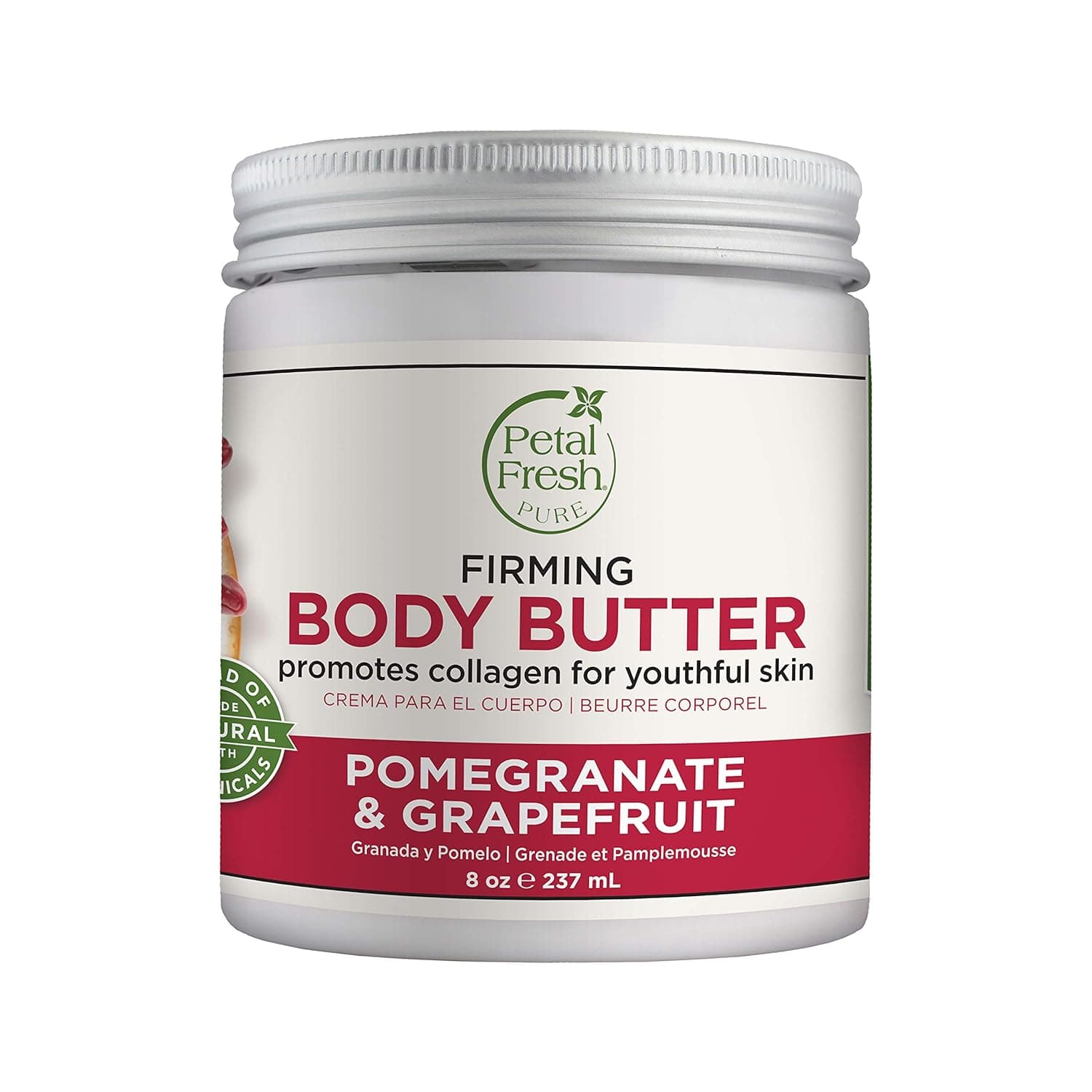 Petal Fresh Pure Firming Pomegranate & Grapefruit Body Butter, Organic Coconut Oil, Argan Oil, Shea Butter, Promotes Collagen, For All Skin Types, Natural Ingredients, Vegan and Cruelty Free, 8 oz