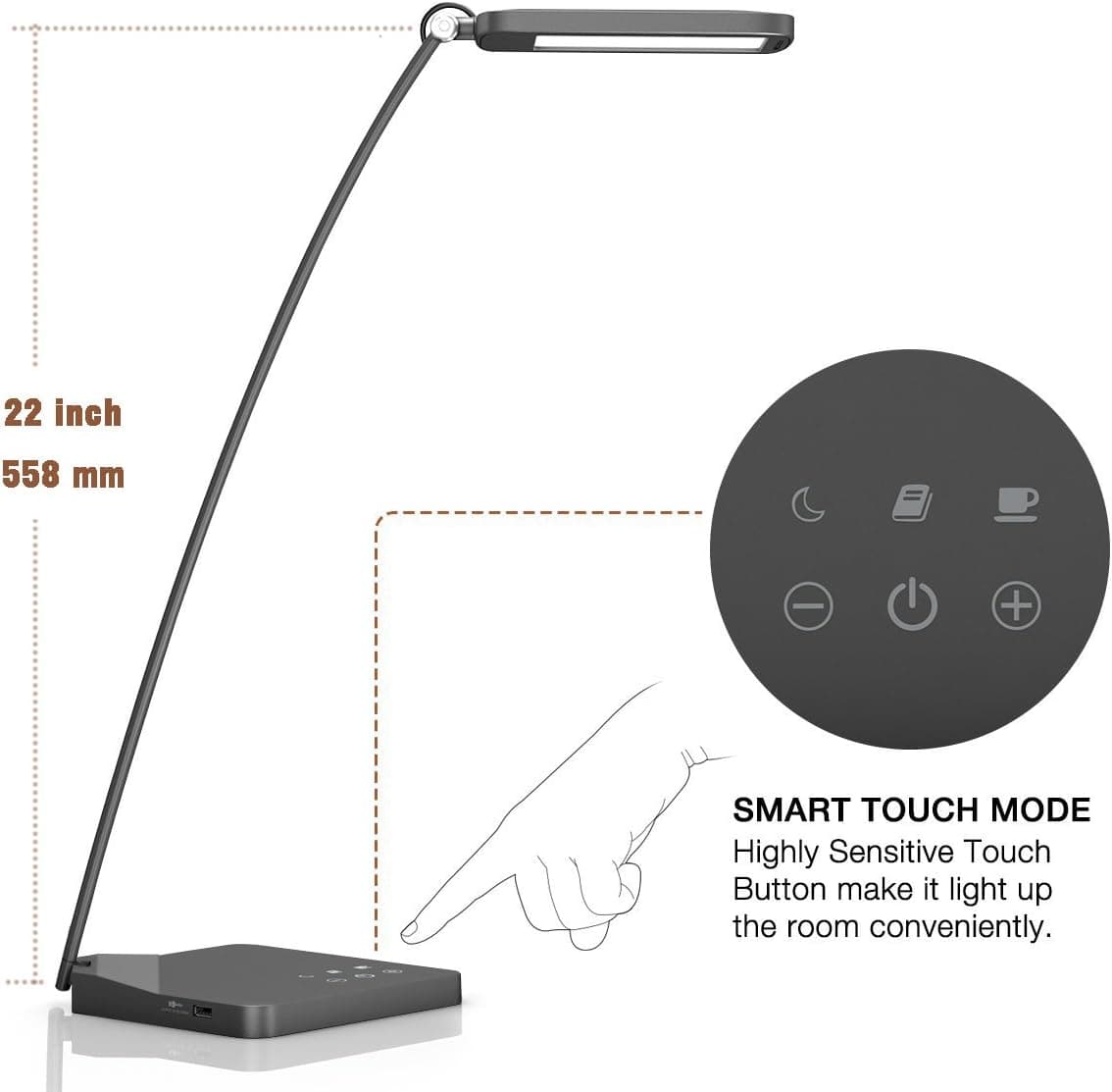 Premer PM-L100 LED Desk Lamp / Table Lamp with USB Charging Port (Eye-caring Panel Design, 3 Modes w/ 5 Dimming Levels) Gunmeta,10w, 22inches（558cm) Long Lamp Pole （PM-L100）