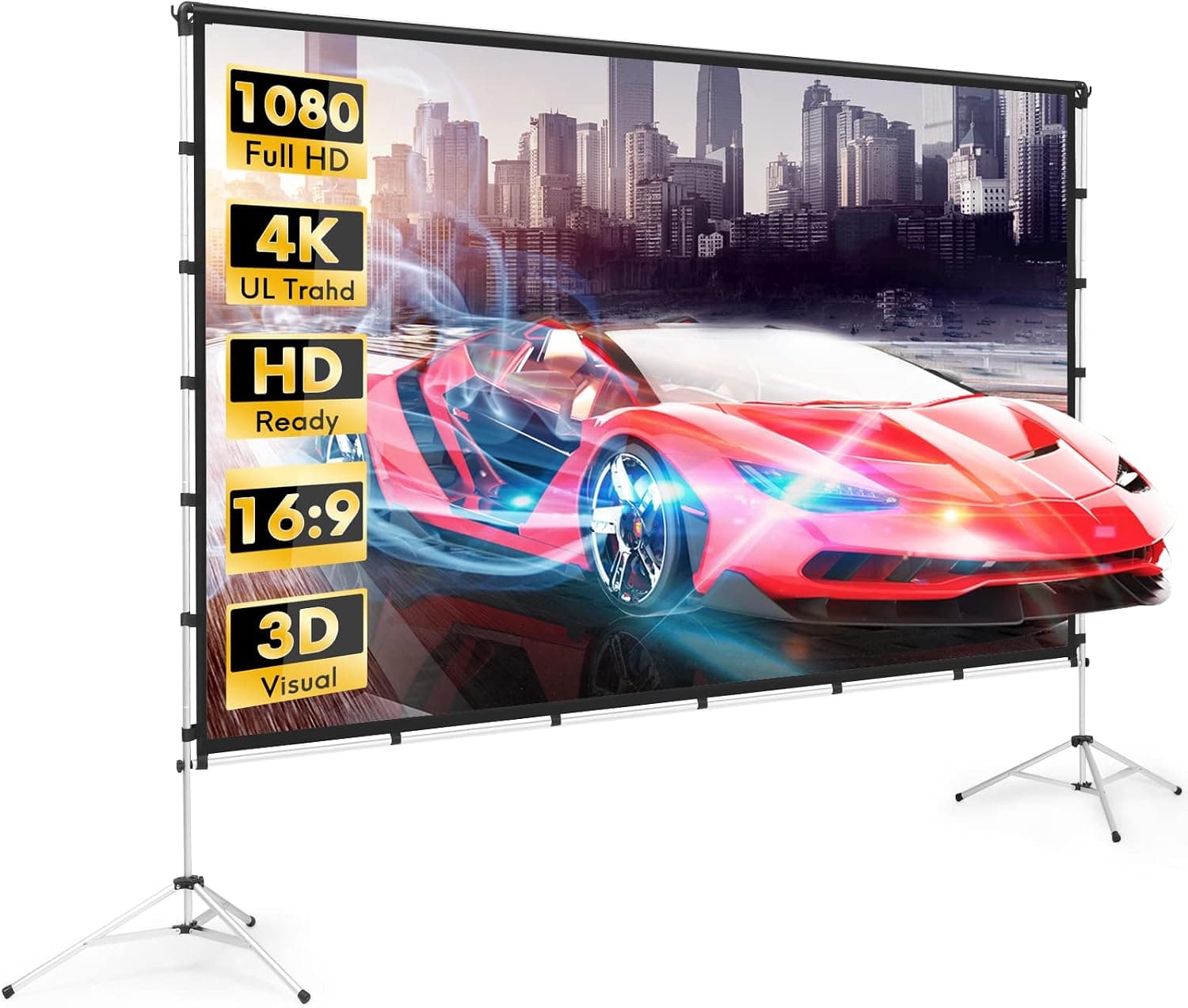 Projector Screen with Stand 120 inch Portable Projection Screen 16:9 4K HD Only Front Projections Movies Screen for Indoor Outdoor Home Theater Backyard Cinema Trave
