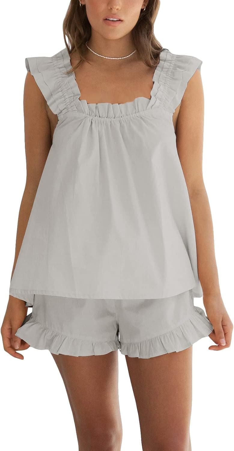 Farktop Womens 2 Piece Set Summer Short Ruffle Crop Top Trim Cami and Casual Shorts Pajama Sets