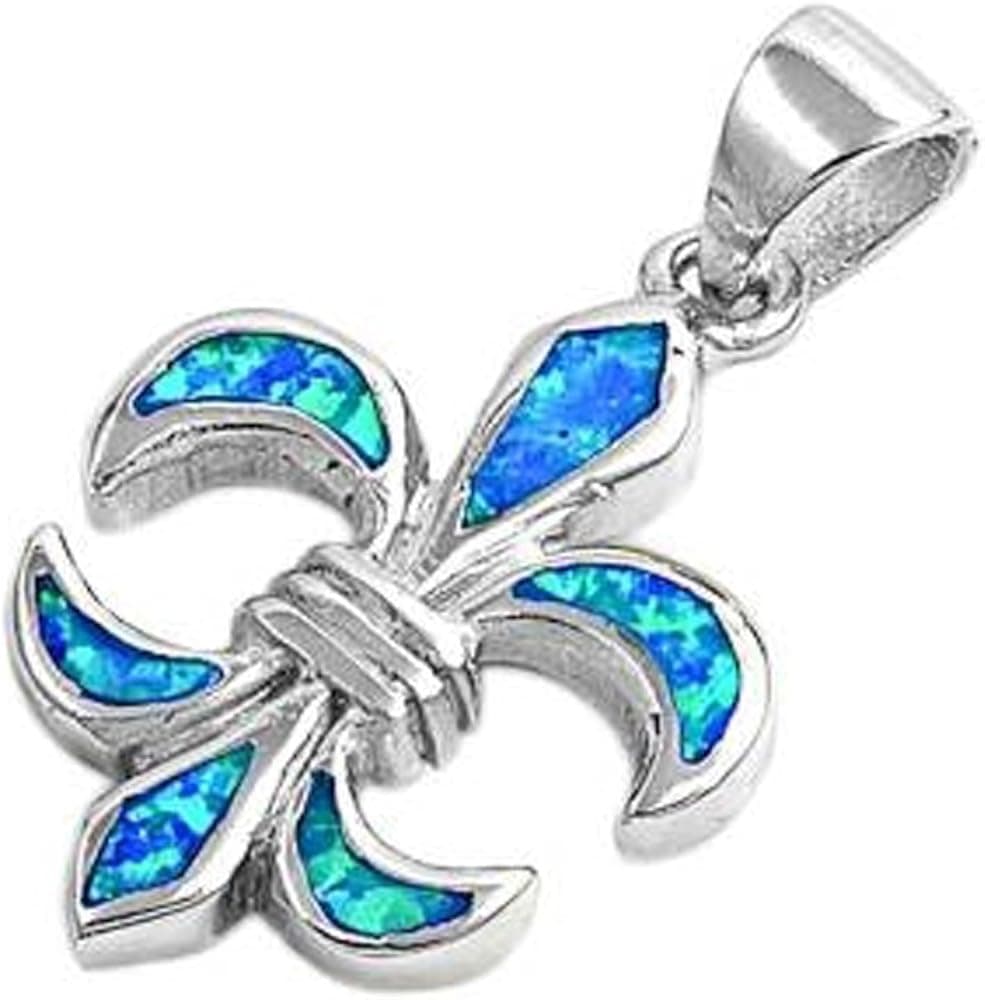 Oxford Diamond Co Lab Created Blue Opal Fleur De Lis .925 Sterling Silver Pendant