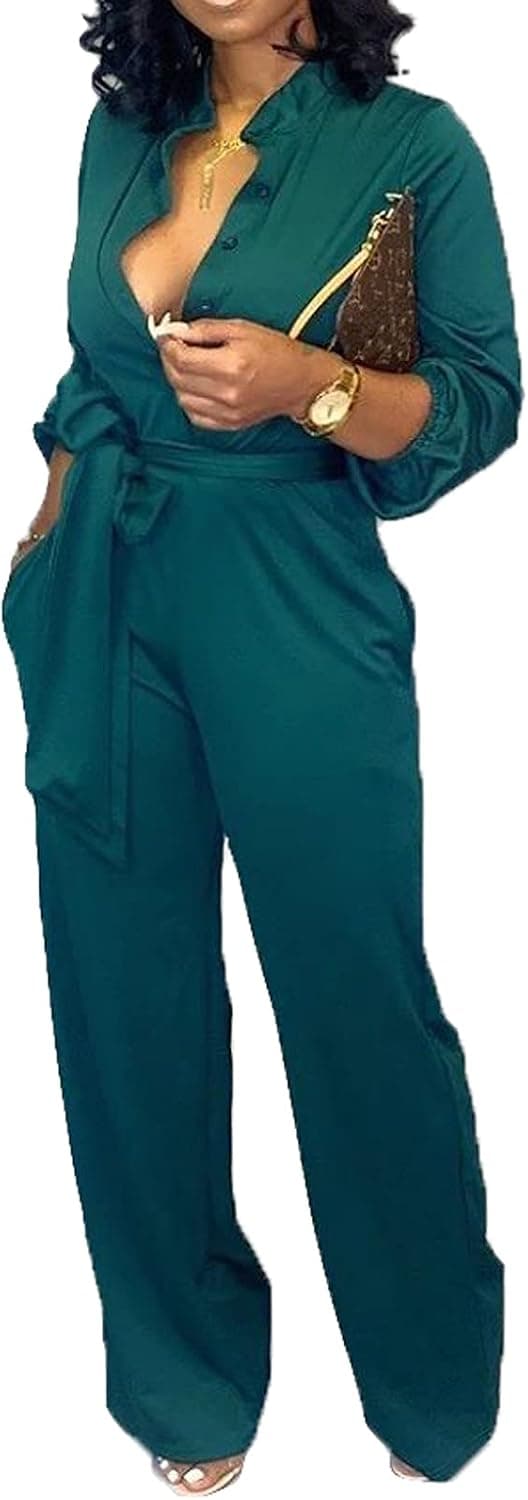 SeNight Jumpsuits for Women Elegant Long Sleeve Sexy V Neck Casual Long Wide Leg Pants with Pockets Belt