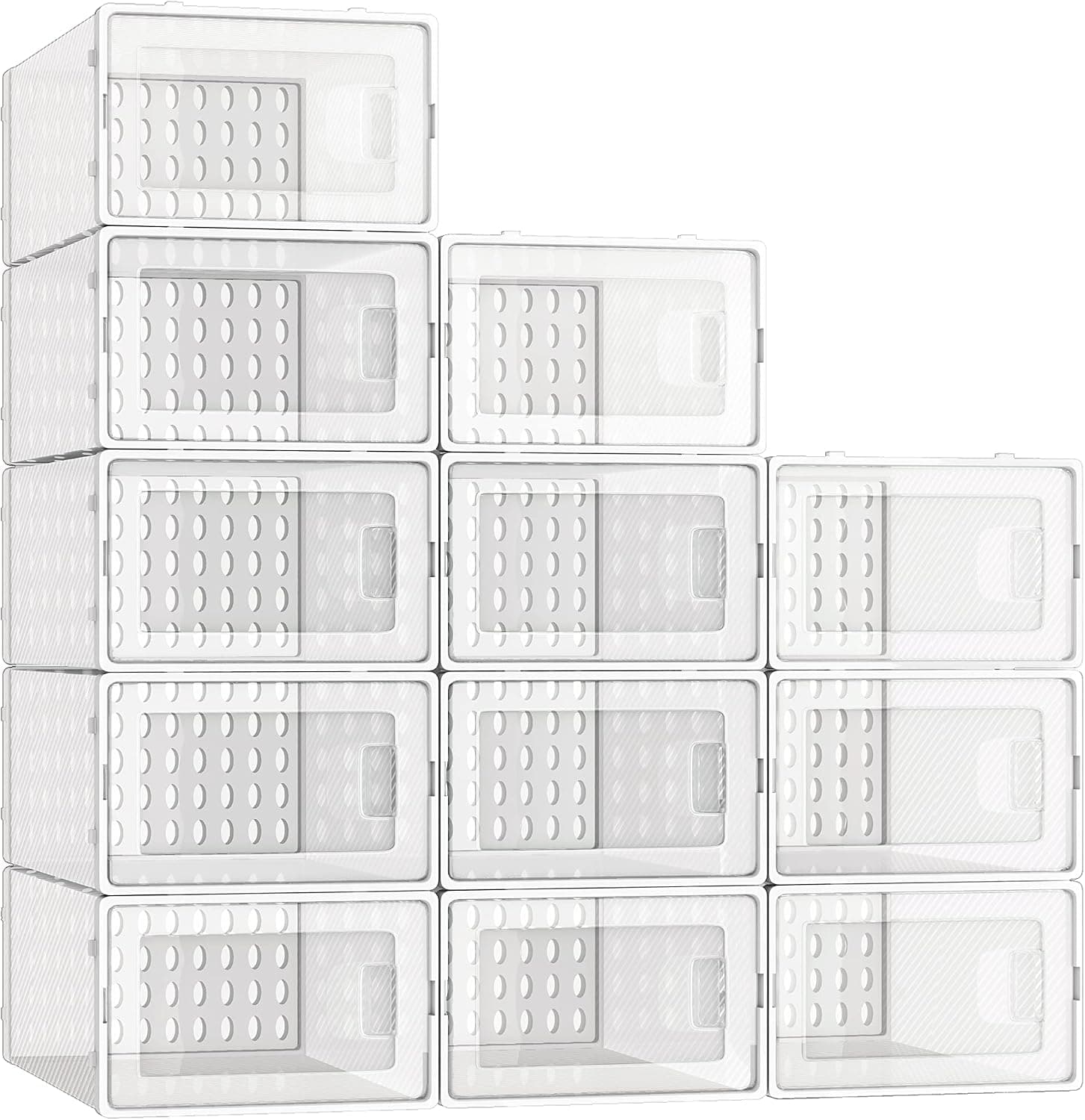 Fixwal 12 Pack Shoe Storage Box Shoe Organizer Boxes Clear Stackable Plastic Shoe Boxes with Lids, Shoe Organizer for Closet Sneaker Storage Bins Holders, Shoe Display Case （13×9.5×6.2 Inch）