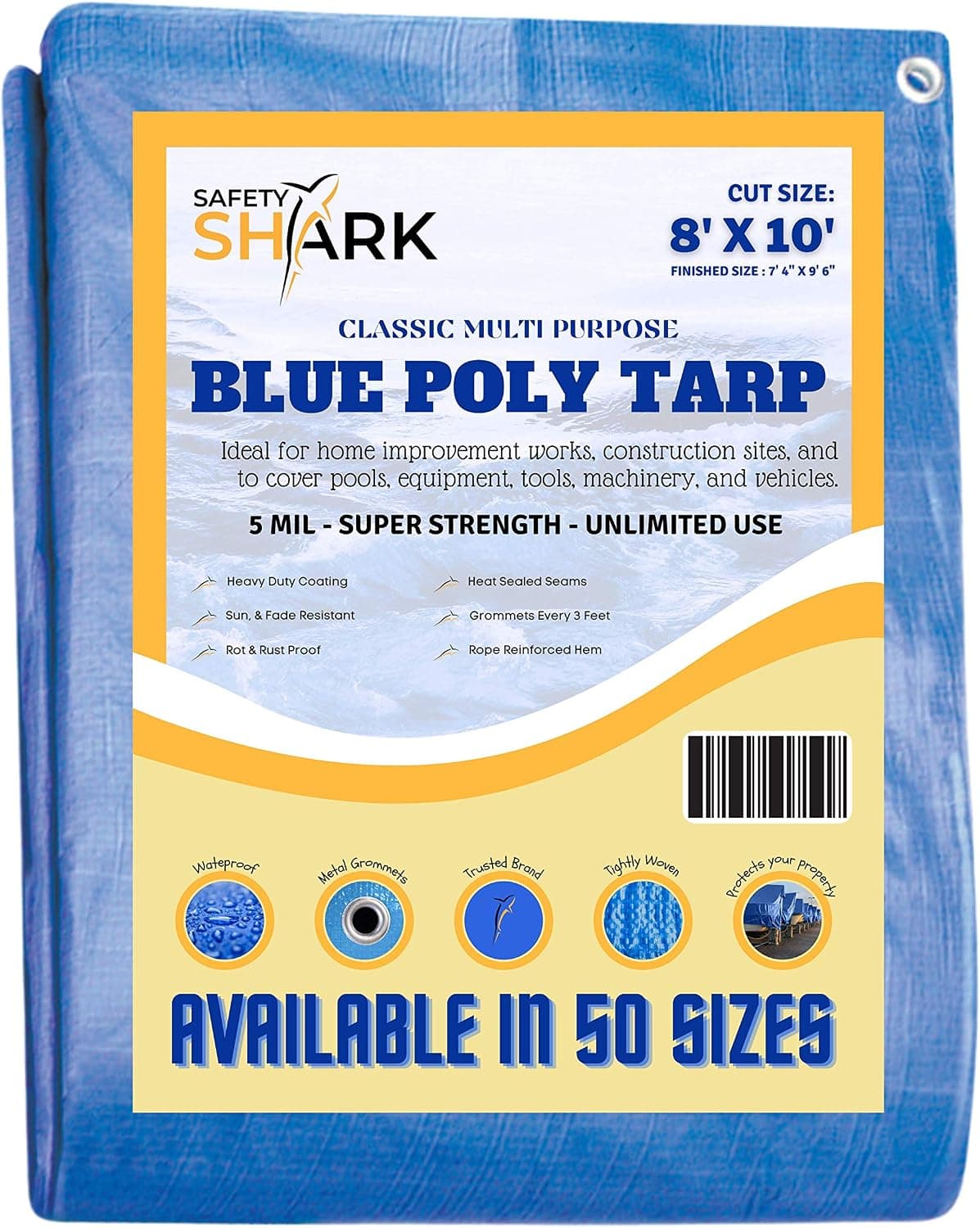 Safety-Shark Tarps Heavy Duty Waterproof - 8x10 Feet - 5 Mil Thick Poly, Classic Heavy Duty Tarp for Outdoor Weather Protection, Camping, or Pool Cover with Metal Grommets