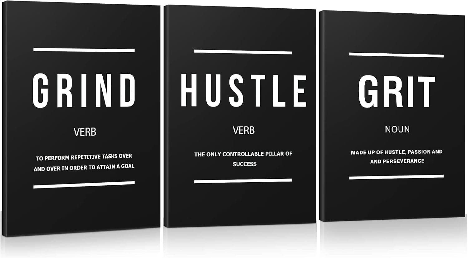 Motivational Grind Hustle Grit Canvas Wall Art, HLIWEGNS Inspirational Poster Positive Affirmation Quotes Wall Decor Success Leadership Wall Hanging Picture for Home Office Workplace -12x16''x3pcs