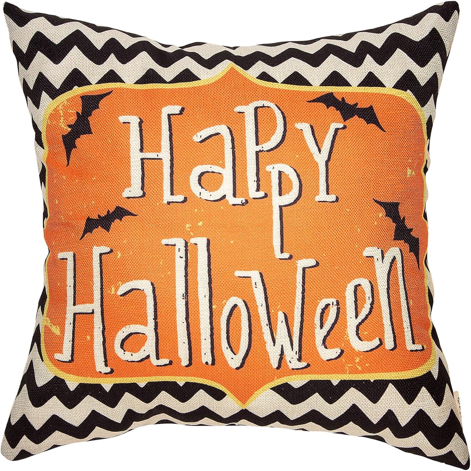 Fjfz Happy Halloween with Bats Black and White Zigzag Cotton Linen Home Decorative Throw Pillow Case Cushion Cover with Words for Sofa Couch, 18" x 18"