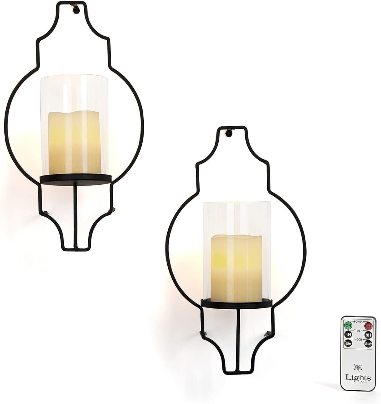 LampLust Flameless Candle Wall Sconces - Glass Hurricane Holders with Flickering LED Pillar Candles, Warm White Light, Black Metal Frame, Battery Operated, Remote Included, Set of 2