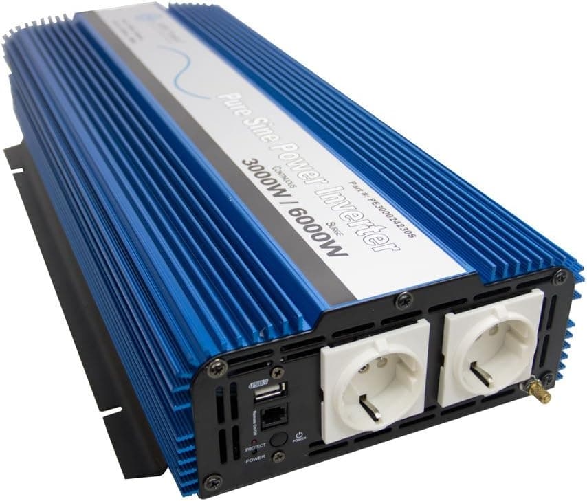 AIMS Power PE300024230S European 24 VDC to 230 VAC Pure Sine Power Inverter, 3000W Continuous Power, 6000W Surge Peak Power, 24V DC Input, USB Port, On/Off Switch