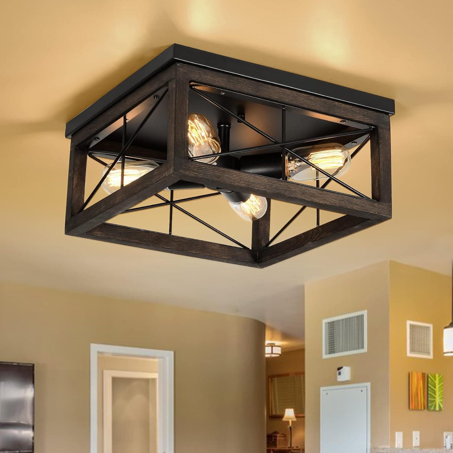 eyassi 4-Light Wooden Flush Mount Ceiling Lights, Vintage Farmhouse Close to Ceiling Light Fixture, Rustic Industrial Farmhouse Ceiling Light for Kitchen Living Room Bedroom Hallway Laundry Entryway