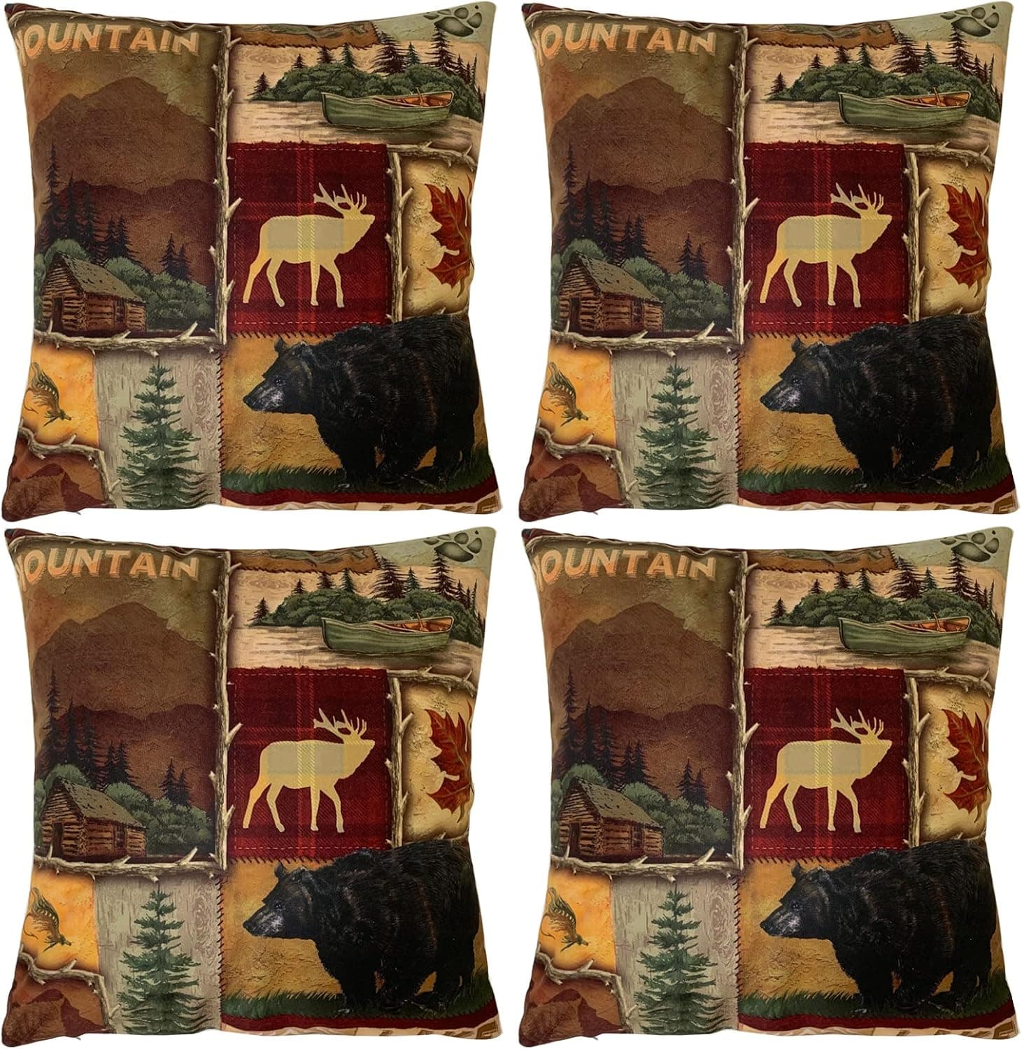 Deco4URLife Set of 4 Square 18X18 inch Throw Pillow Covers for Women/Men, Short Plush Pillow Cases Cushion Covers for Home Sofa Couch Living Room Car Decor - Rustic Lodge Bear Moose Deer