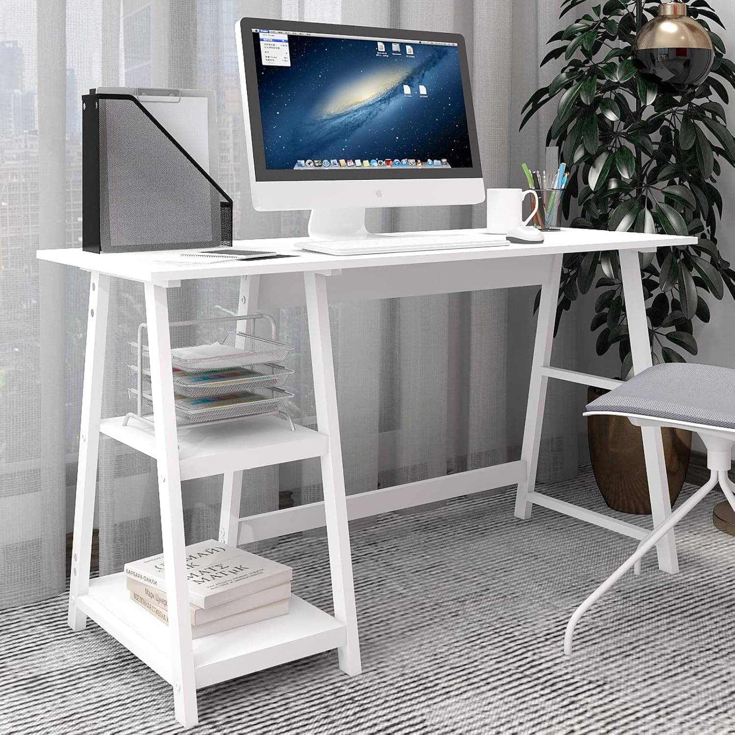 Natwind 51" White Desk Home Office Computer Working Kid Student Study Table with 2-Tier Storage Bookshelves Modern Simple Study Laptop Writing Elegant Style Desk Workstation for Office Home （White）