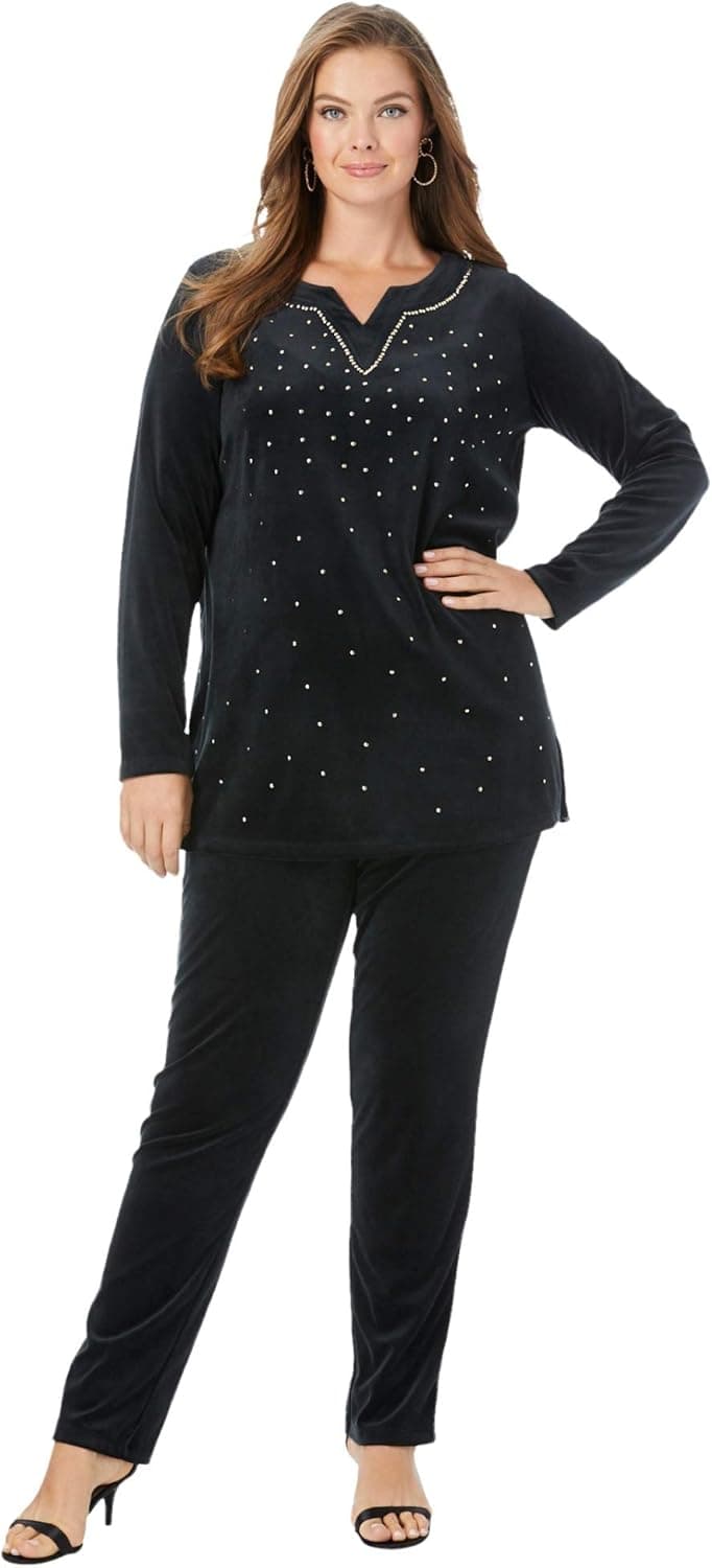 Roaman's Women's Plus Size Velour Tunic & Pant Set Matching Long Shirt Lounge