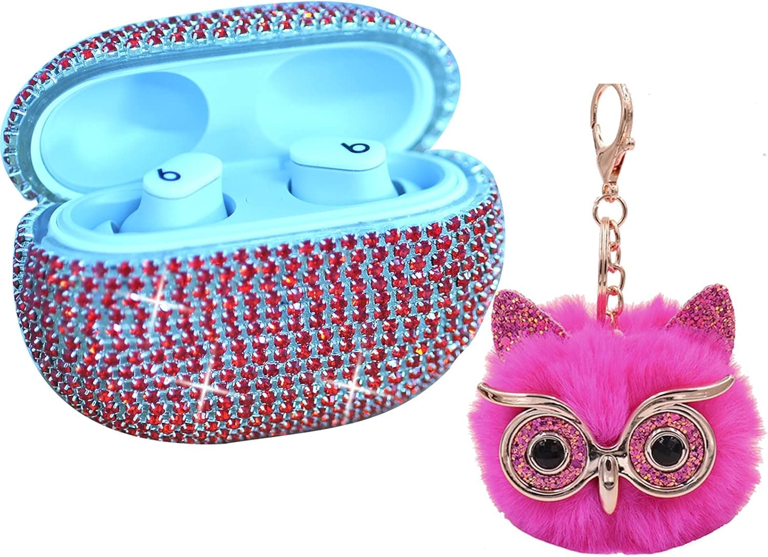 Beats Studio Buds Case Sparkly Diamond Beats Studio Buds Case with Red Pom Pom Fur Ball Owl Keychain , Shockproof Protective Premium Bling Rhinestone Cover Skin for Beats Studio Buds Charging Case