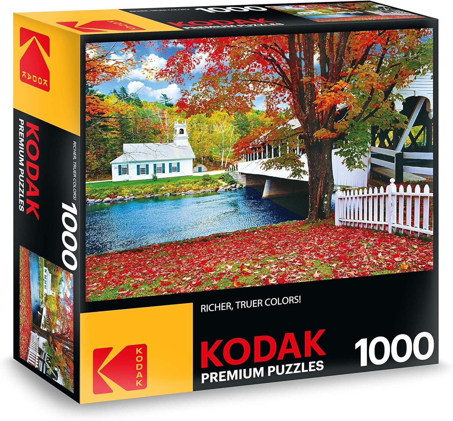 KODAK Premium Puzzles Covered Bridge Crossing River to Church, Stark New Hampshire Jigsaw Puzzle