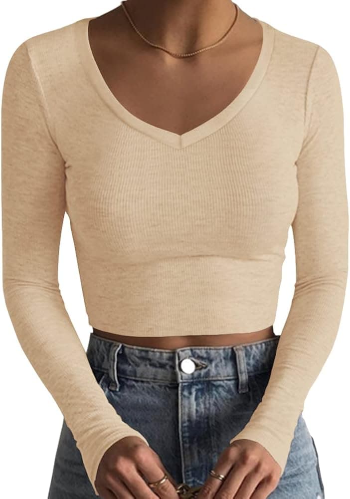 Artfish Women's Long Sleeve V Neck Crop Top Ribbed Knit Slim Fitted Basic T-Shirts