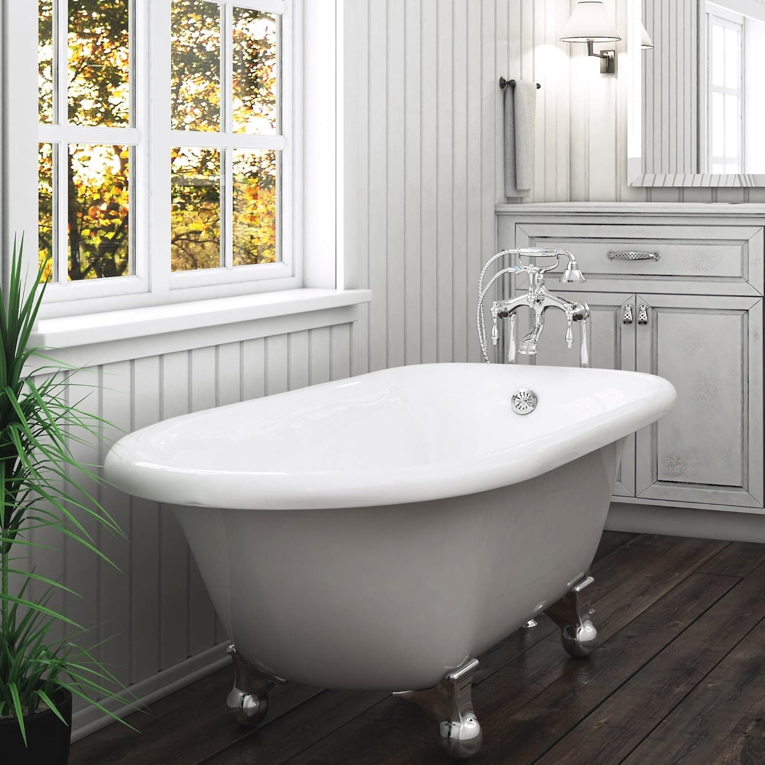 Luxury 60 inch Modern Clawfoot Tub in White with Stand-Alone Freestanding Tub Design, includes Modern Polished Chrome Cannonball Feet and Drain, from The Laughlin Collection